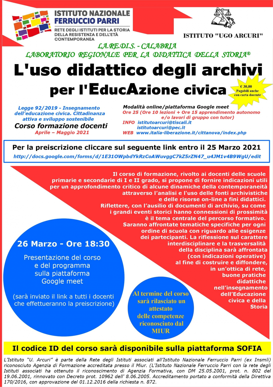 26 marzo, Corso formazione docenti: L’uso didattico degli archivi per l’EducAzione civica