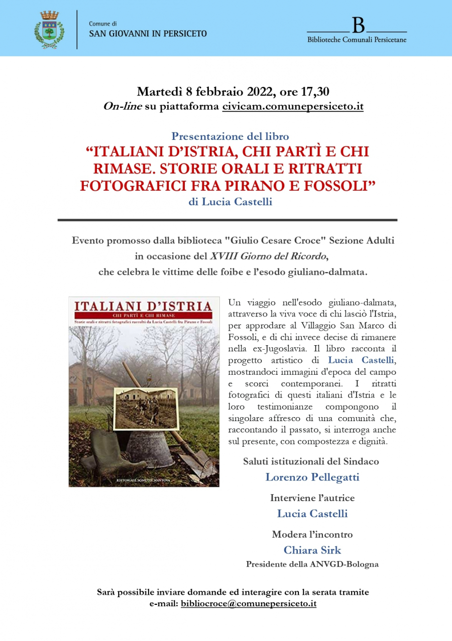 8 febbraio, Presentazione del libro: Italiani d'Istria. Chi partì e chi rimase, di Lucia Castelli	