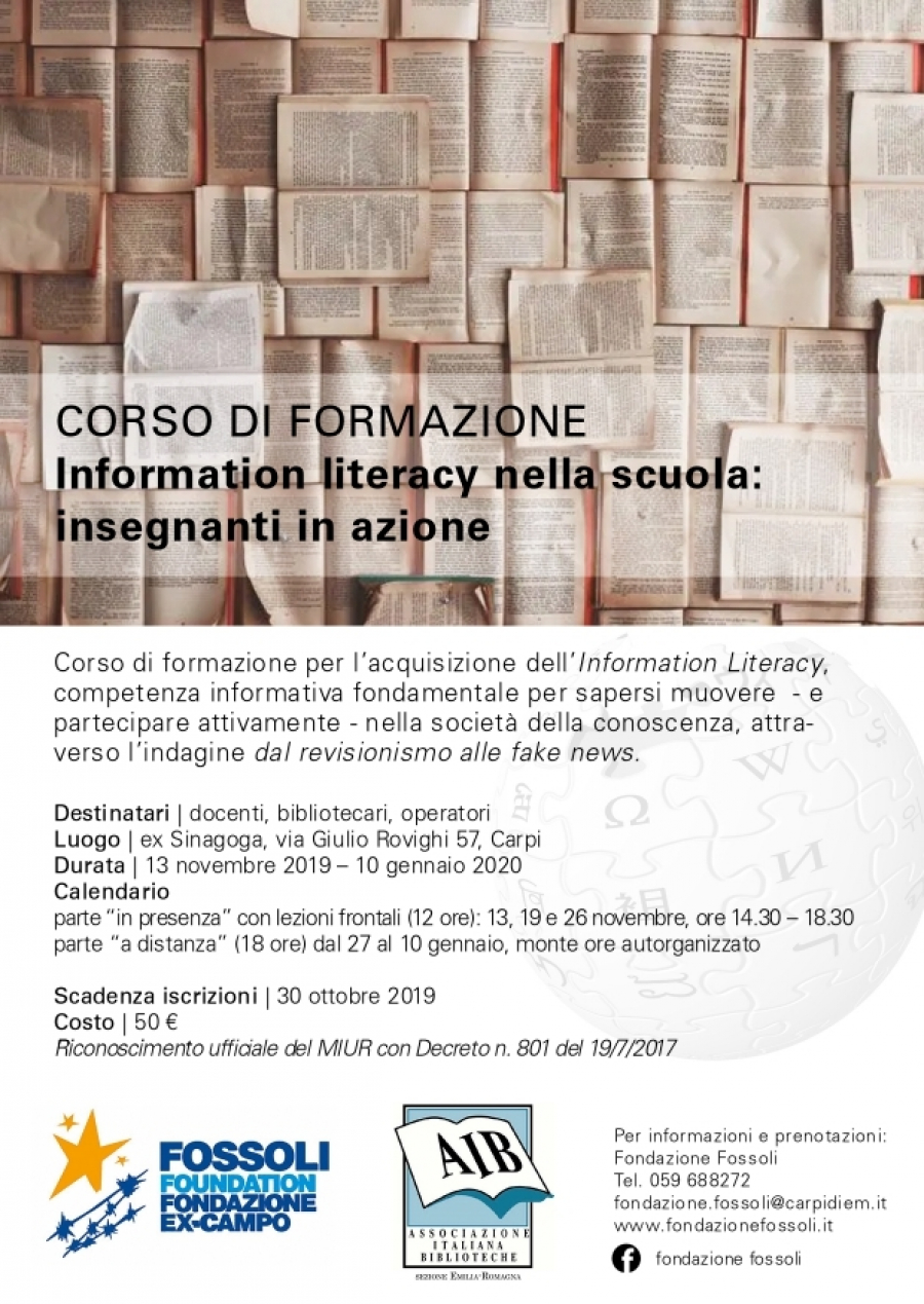 Corso di formazione: Information literacy nella scuola, Carpi, ex Sinagoga. Proroga iscrizioni 4 novembre