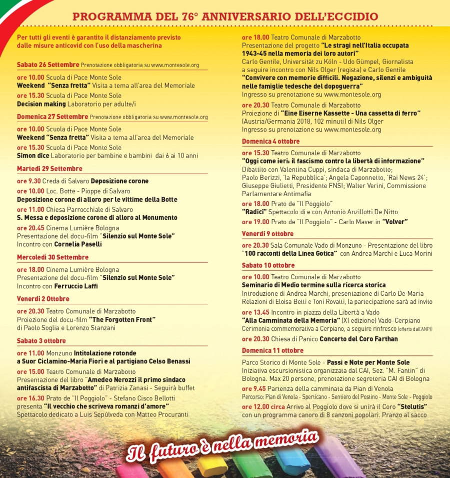 Iniziative per il 76° anniversario degli eccidi di Monte Sole: dal 26 settembre all'11 ottobre 2020