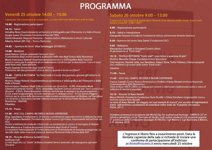 25-26 ottobre, Fonti orali in Italia. Archivi e Ri-Generazioni. Convegno di studi, Torino