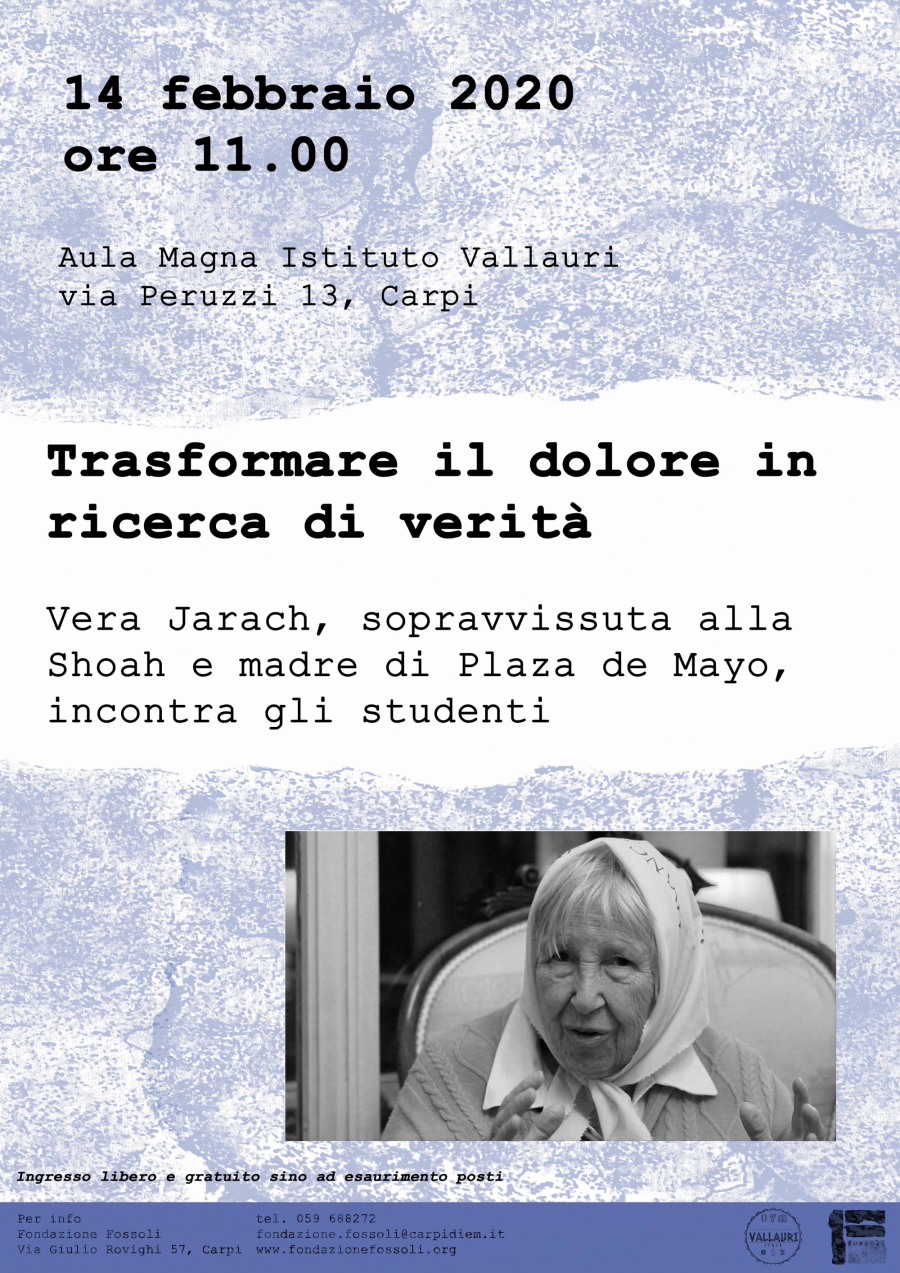14 febbraio, Incontro con Vera Vigevani Jarach, sopravvissuta alla Shoah e madre di Plaza de Mayo